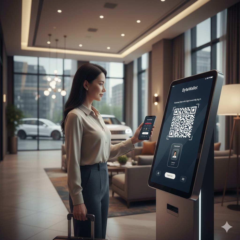 Illustration of passwordless authentication at a hotel lobby